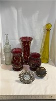 Glass home decor items, clock, bottle, corked