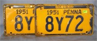 Pair of vintage 1951 Pennsylvania license plates