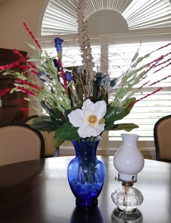 Oil Lamp & Cobalt Vase w/Faux Flowers