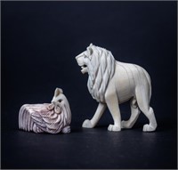 Vintage Signed Ivory Netsuke & Ivory Lion