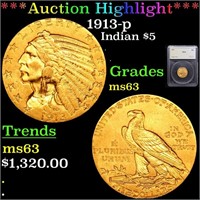 ***Auction Highlight*** 1913-p Gold Indian Half Ea