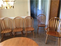 5 oak chairs- 4 regular and 1 armed captain chair
