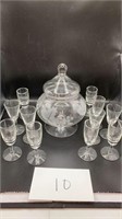 Vtg Etched Grape Apothecary Jar & Cordial Glasses