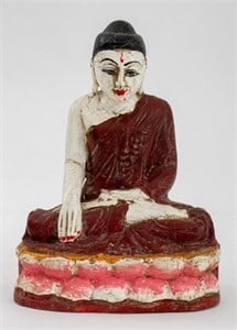 Polychrome-Painted Wood Buddha Sculpture