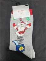 Holiday Socks 4-10 Grey Santa JITB