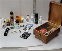 Wooden shoe shine box with accessories and razor