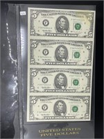 Uncut Sheet of (4) Series 1995 $5 Federal Reserve