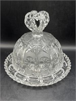 Vintage Heart Etched Clear Cut Glass Butter Dish