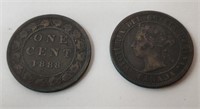 2 CANADIAN 1 CENT COINS; 1882 & 1888