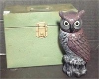 Vintage metal file box and owl figurine