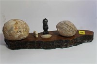 WOOD DISPLAY WITH STONES AND FIGURINES