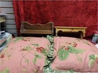 Strawberry pillows, 2 wood shelves.