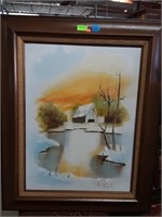 Oil Painting On Canvas Pond - Side Cottage ,Signed