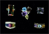 (5) Sterling Multi Colored Gemstone Rings