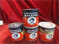 (4) Sir Walter Raleigh tobacco tin cans. w/lids.