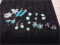 10 pairs of blue / turquoise earrings