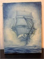 Original Signed Painting Sailing Ship in the Fog