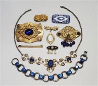 Vintage Costume Jewelry blue stones necklace pin