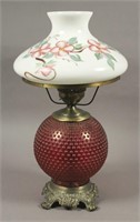 Vintage Cranberry Hobnail Hurricane Lamp w/Globe