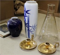 box lot of asstd glassware, brass candle holders;