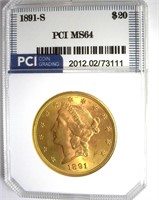 1891-S Gold $20 MS64 LISTS $6500