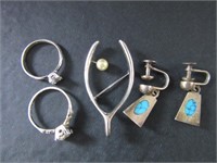 Sterling Silver Pin, Rings & Earrings  12.99 grams