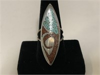 Sterling Inlaid Turq. & Coral Ring 6.8gr TW Sz 8.5