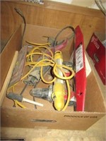 Box of various tools including sawzall, 18V drill