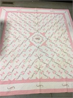 Pink & White Hand Sewn Quilt W/ Floral Embroidery