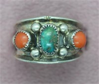 Vtg Sterling Silver Turquoise & Coral Ring Sz 7