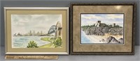 2 Watercolor Paintings; Beach Ruins; Cityscape