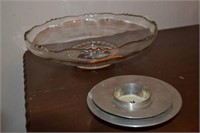 GLASS BOWL & 2 CANDLE HOLDERS