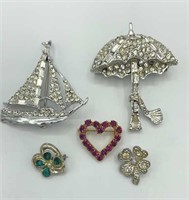 Lot of 5 Vintage Whimsical Rhinestone Brooches