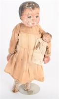 ANTIQUE WOOD & COMPOSITION  DOLL w/ BABY