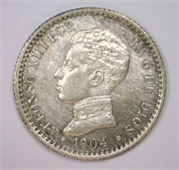 SPAIN: 1904 Silver 50 Centimos AU
