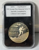 PROOF 63 1991 KOREAN WAR $1 COIN IN CASE