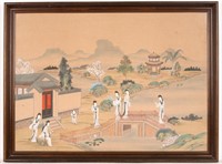 Large Asian Watercolor Lakeside Scene