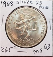 1968 25 Silver Pesos Mexico Olympus MS63