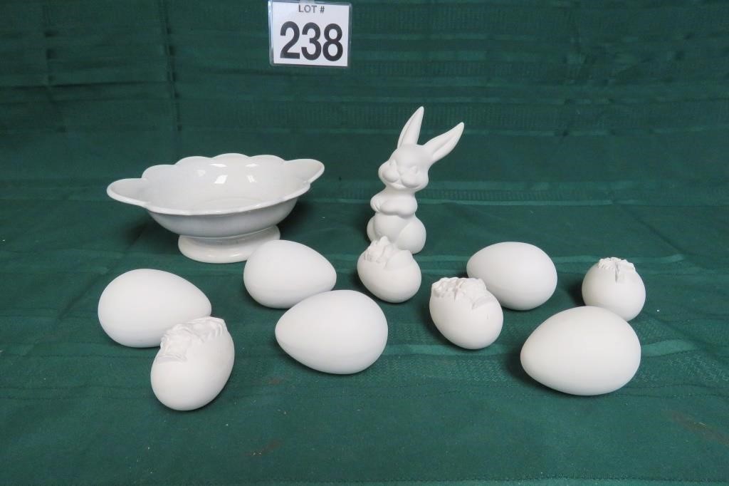Paintable Bunny & Eggs w/ Vtg Bowl