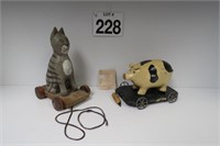 Rustic Primitive Style Pull Toys Pig & Cat