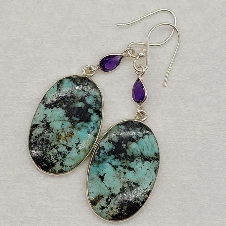 925 SILVER TURQUOISE & AMETHYST DANGLE PIERCED