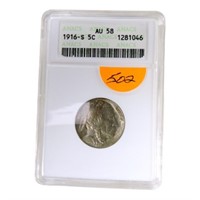 1916S Buffalo nickel ANACS AU58