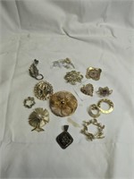 14 Brooches, Mostly Gold Tone