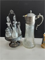 GLASS & SILVER PLATER PITCHER & CRUET SET