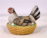 Staffordshire hen on nest, decorated, 7" x 9",