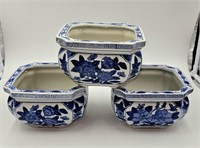 3 Porcelain Blue and White Planters 4" x 7"