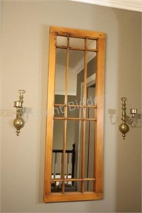 Country Pine Window Pane Mirror w Brass Candles