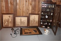 Display Case w/Barbers Items & 3 Pictures