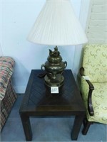 Brass Foo Dog Table Lamp, Dark Wood End Table -