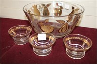 Gold Fruit Cutler Bowl & 3  M/C Fruit Bowls